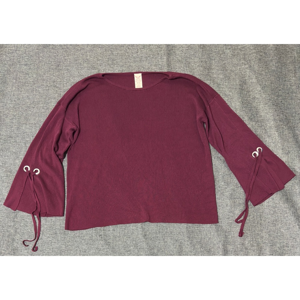 Faded Glory Womens XL Sweater Burgundy Bell Sleeve Grommet Lace Up